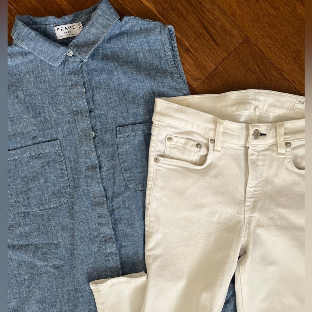 FRAME Top Women’s Chambray Denim Linen Blend Sleeveless Oxford SZ: M Buttondown